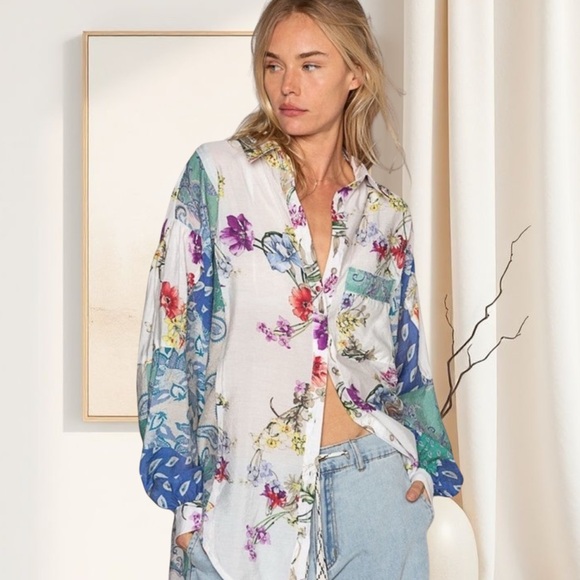 POL Floral Print Button Down Blouse Lightweight Oversized Bohemian Top - Picture 8 of 8